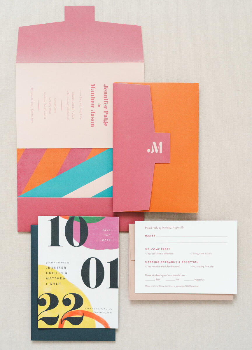 Modern invites at an art-inspired wedding were inspired by a painting created by a local painter.