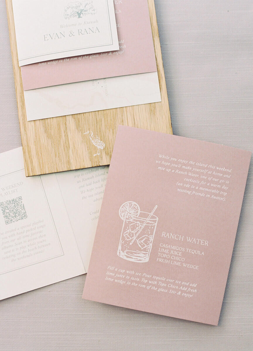 A recipe card and a QR code guided guests to make a cocktail and listen to a curated playlist ahead of the elegant spring wedding they'd attend.