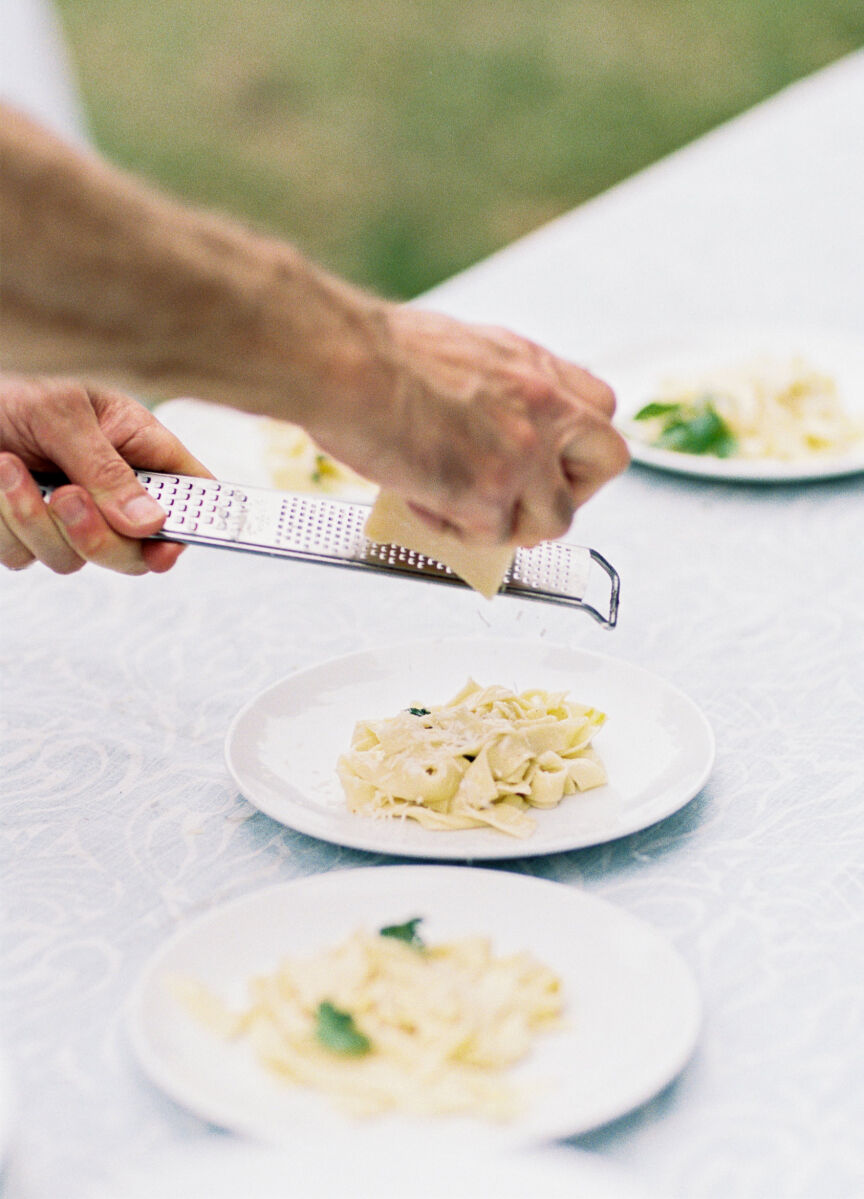 Fresh pasta was made for guests during the cocktail hour of an elegant spring wedding in South Carolina.