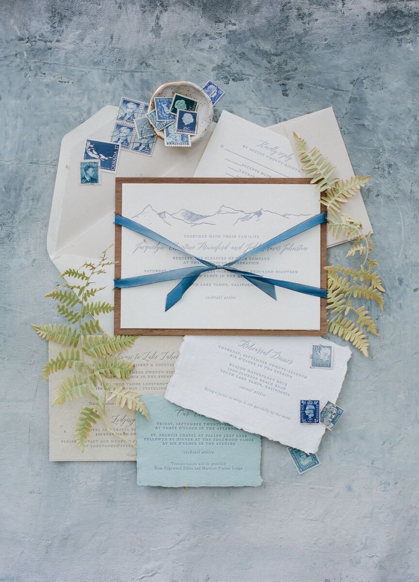 Wedding invitation wording etiquette: See more blue and white wedding invitations by Tiny Pine Press